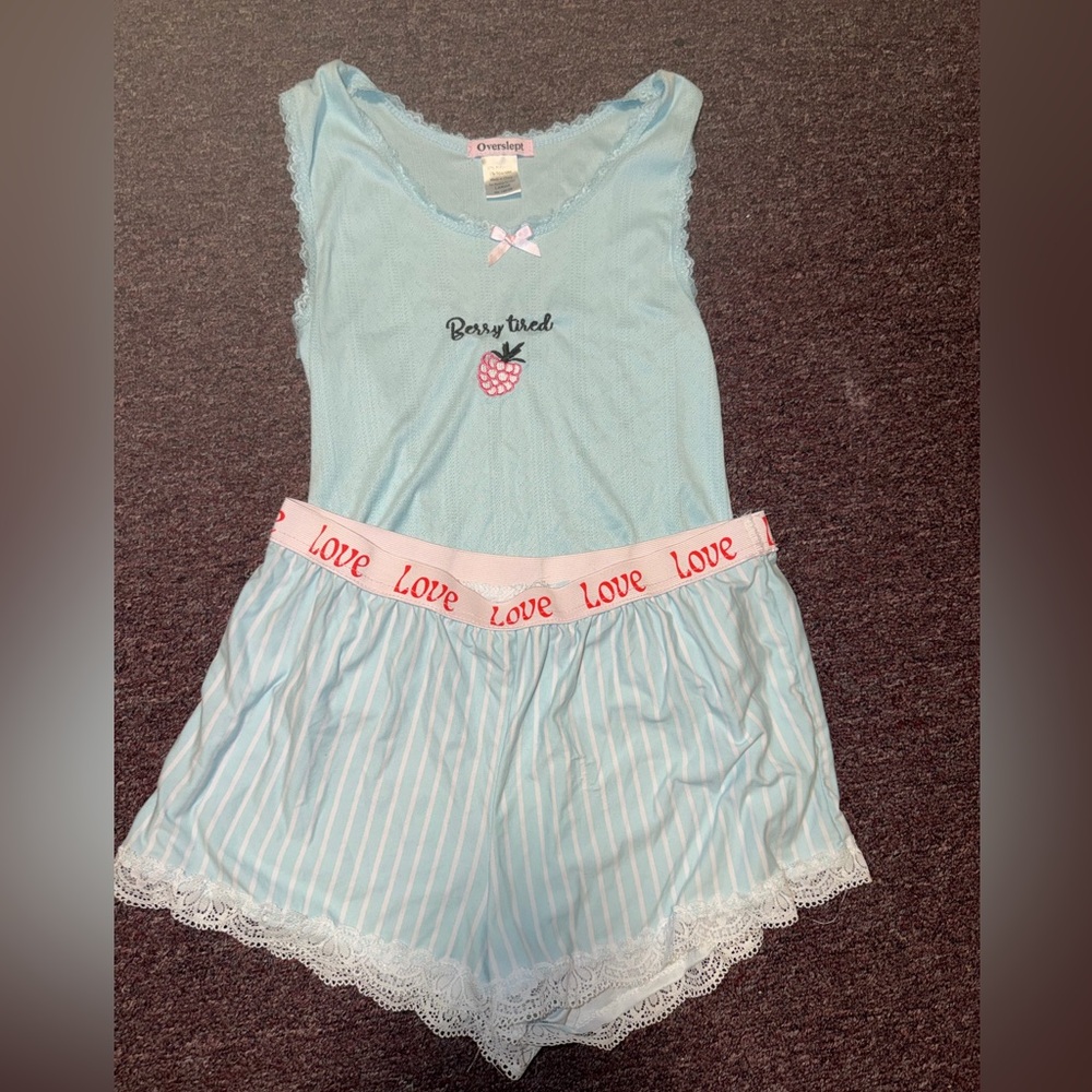 Light Blue Pajama Tank & Shorts Set with Pink Waistband